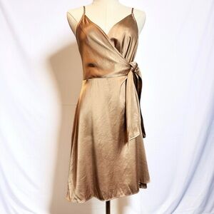 Express Gold Tan Satin Faux Wrap Satin Feel Dress FLAWS READ